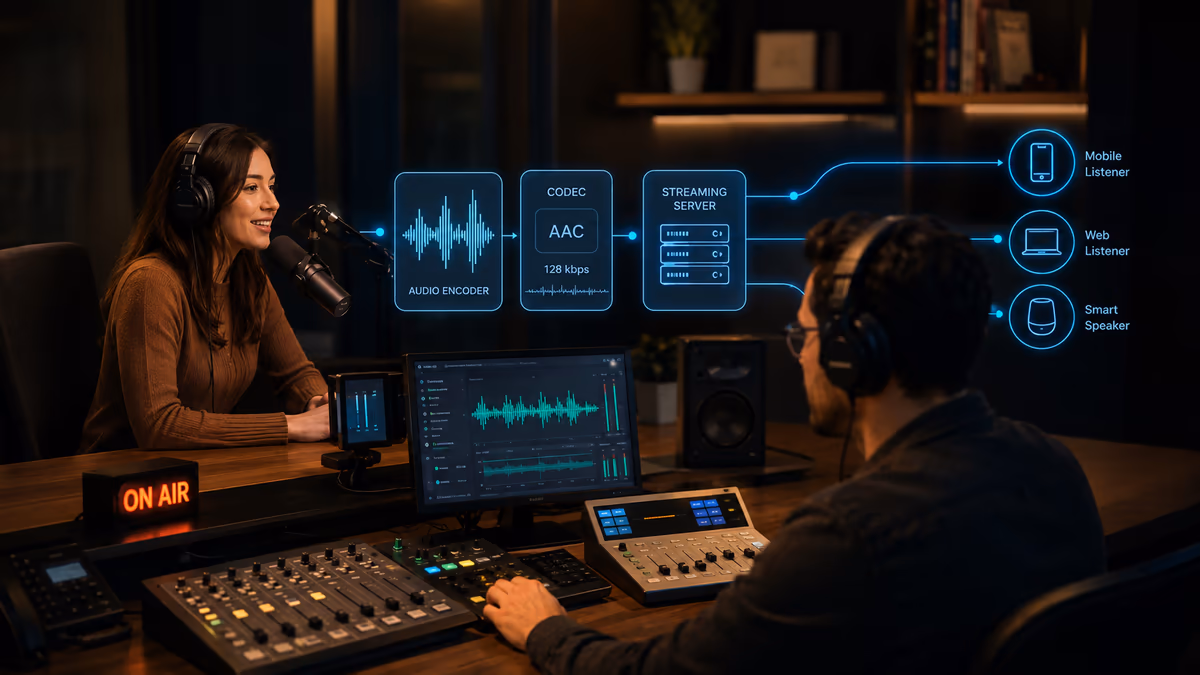 Illustration of audio engineers turning a studio signal into encoded online radio streams