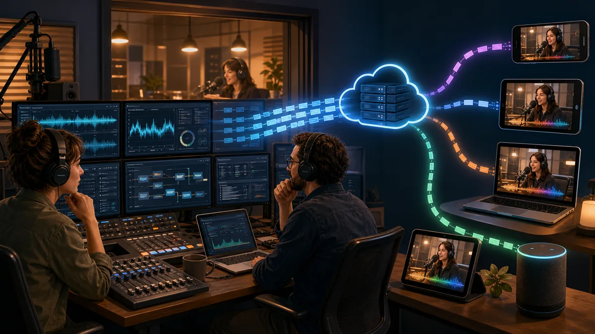 Illustration of engineers monitoring segmented adaptive audio delivery to phones, laptops, and speakers