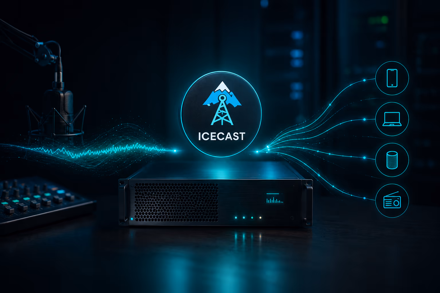 Icecast streaming server artwork showing a source client sending online radio audio to listeners