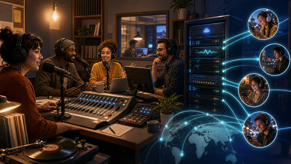 Humanized illustration of an open internet radio studio connected to streaming server infrastructure