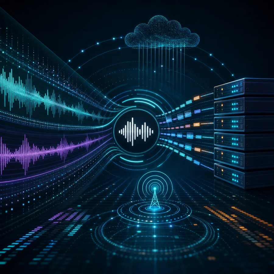 Abstract illustration of audio waves, segmented streams, server nodes, and radio signal arcs