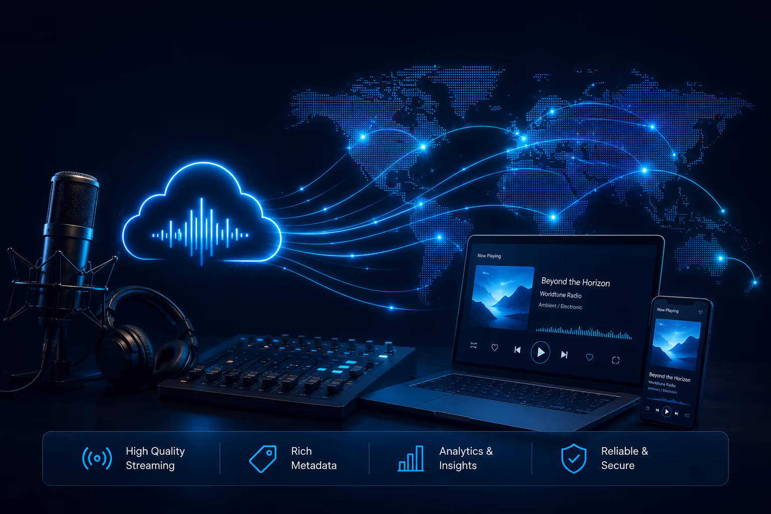 Internet radio streaming technology artwork showing servers, audio routing, and live broadcast delivery