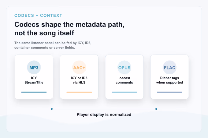 Comparison illustration of four audio codecs with icons and labels showing typical metadata mechanisms