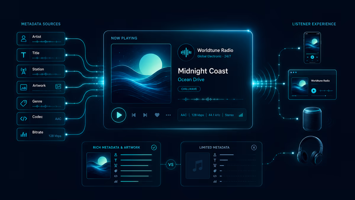 Online radio metadata artwork showing track details, station information, and now-playing context