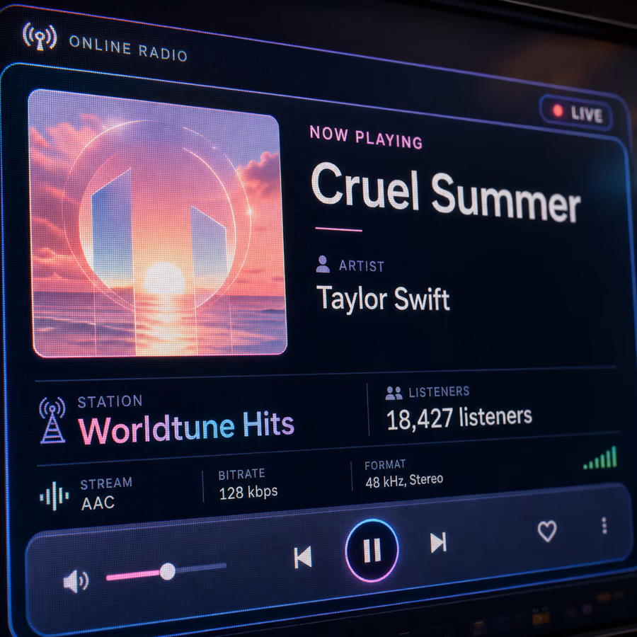 Online radio player artwork showing now-playing metadata, station details, bitrate, codec, and playback controls