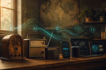 History of online radio artwork showing broadcast radio evolving into internet streaming