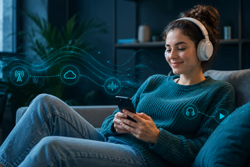 Online radio listening guide artwork showing station discovery, playback, favorites, and filtering