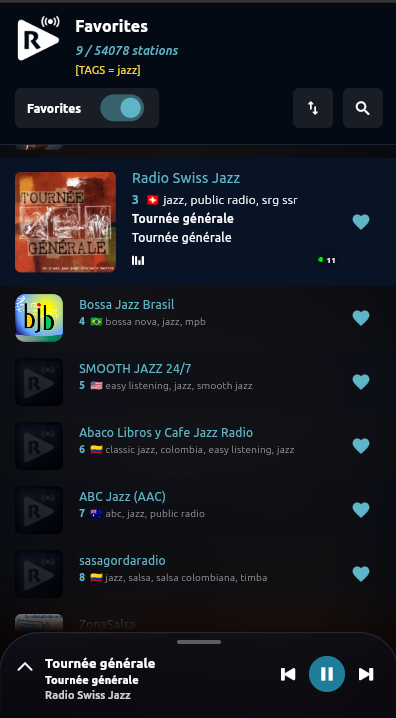 Worldtune Android app favorites view with saved stations
