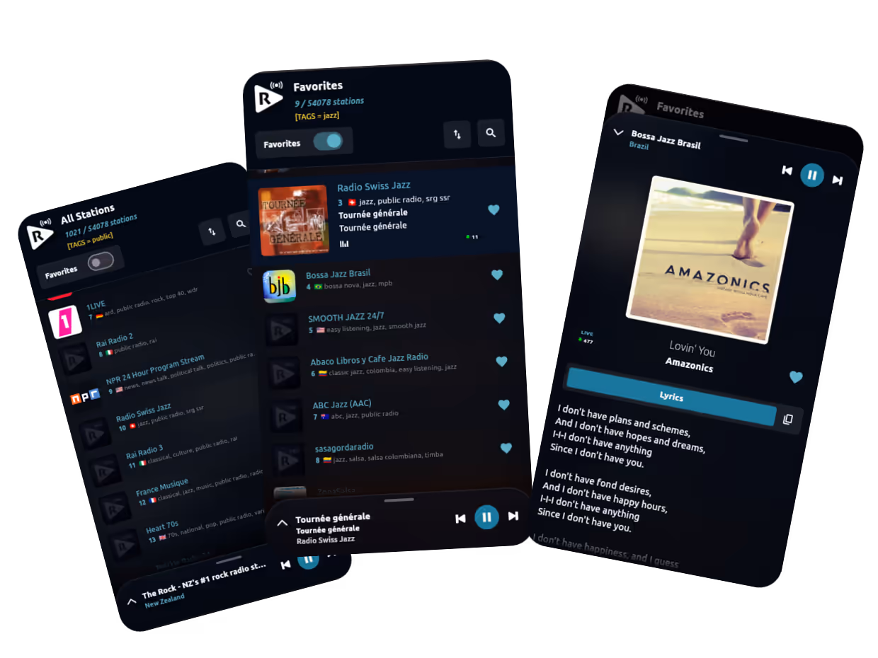 Worldtune Android app hero artwork showing all stations, favorites, and now playing screens in a fan layout