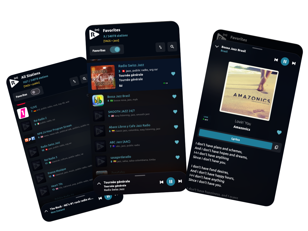 Worldtune Android app hero artwork showing all stations, favorites, and now playing screens in a fan layout