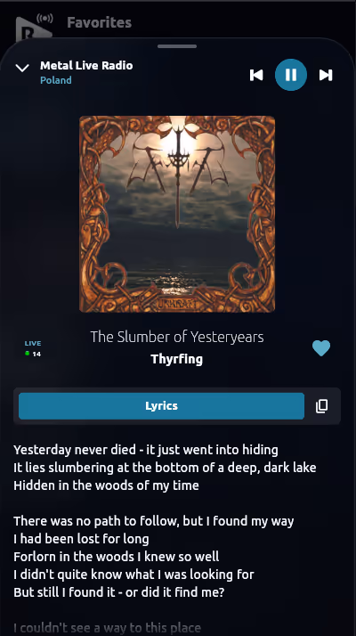 Worldtune Android app now playing view with artwork and expanded lyrics