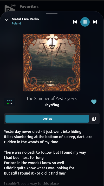 Worldtune Android app now playing view with artwork and expanded lyrics