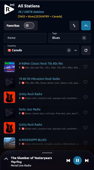 Worldtune Android app station browser with search and filter controls