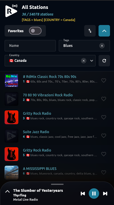 Worldtune Android app station browser with search and filter controls