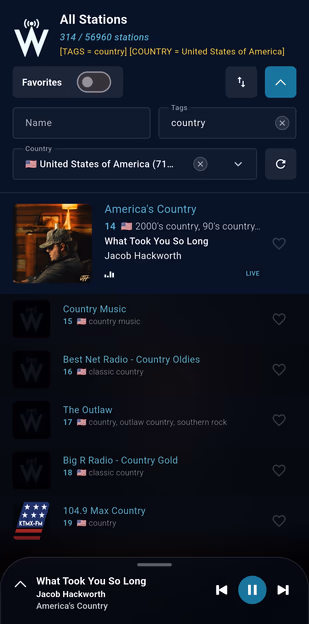 WorldTune app station list filtered by country and tag for live radio discovery
