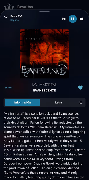 WorldTune app now playing panel with station metadata, artwork, and song information