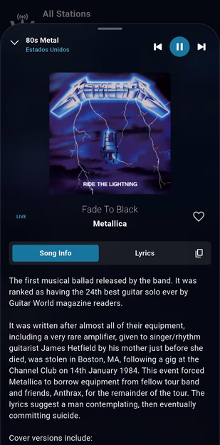 WorldTune app now playing screen with album artwork and expanded song information