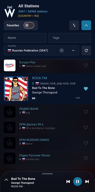 WorldTune app station browser with search, country filters, and playback controls