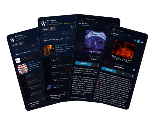 WorldTune app hero artwork showing station browsing, country discovery, and now playing screens in a fan layout